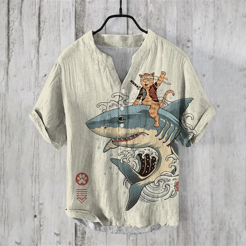 헨리 남성용 V넥 린넨 셔츠, 캐쥬얼 패션, 야외 해변 상의, 2024 신상 플러스 사이즈