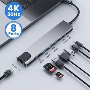 썬더볼트3 도크 맥북에어 2018 5 핀 7-in-1 usb c 분배기 usb 3.1 유형-c HDMI 4K Thunderbolt 3 도킹 스테이션 노트북 어댑터 PD SD TF RJ45 Macbook Air M1 iPad Pro