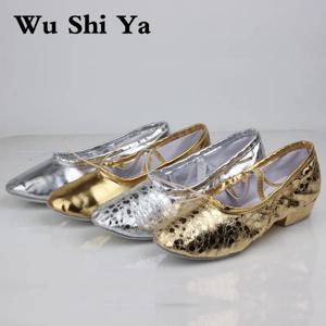 여성 교사를 위한 댄스 신발, 힐 슬리퍼 신발, 성인용 부드러운 밑창, 금색과 은색 힐, 에스닉 밸리 에스닉 댄스 신발