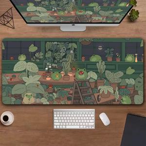 귀여운 개구리 대형 게임용 마우스 패드 Xxl 귀여운 마우스 패드, 애니메이션 미학 코지 로피 식물 자연 녹색 확장 데스크 매트