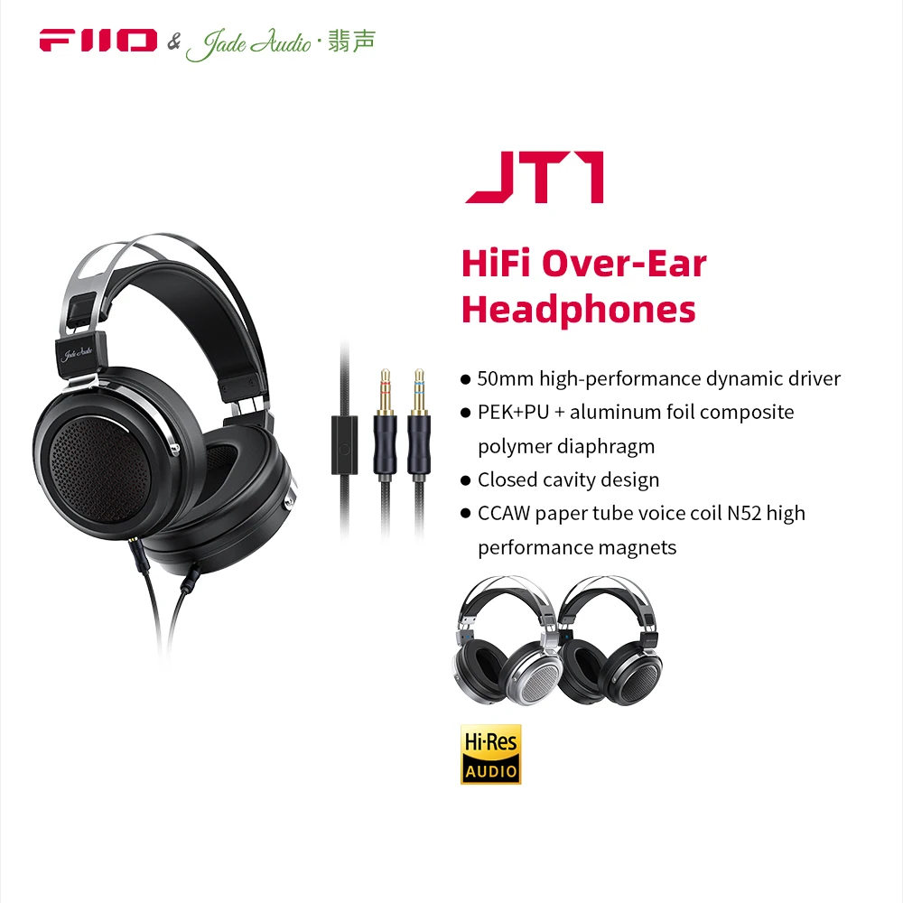 FiiO JadeAudio JT1 스튜디오 헤드폰, 마이크 포함, 게임용 녹음, 50mm 다이어프램 드라이버, HiFi 사운드, 3.5mm