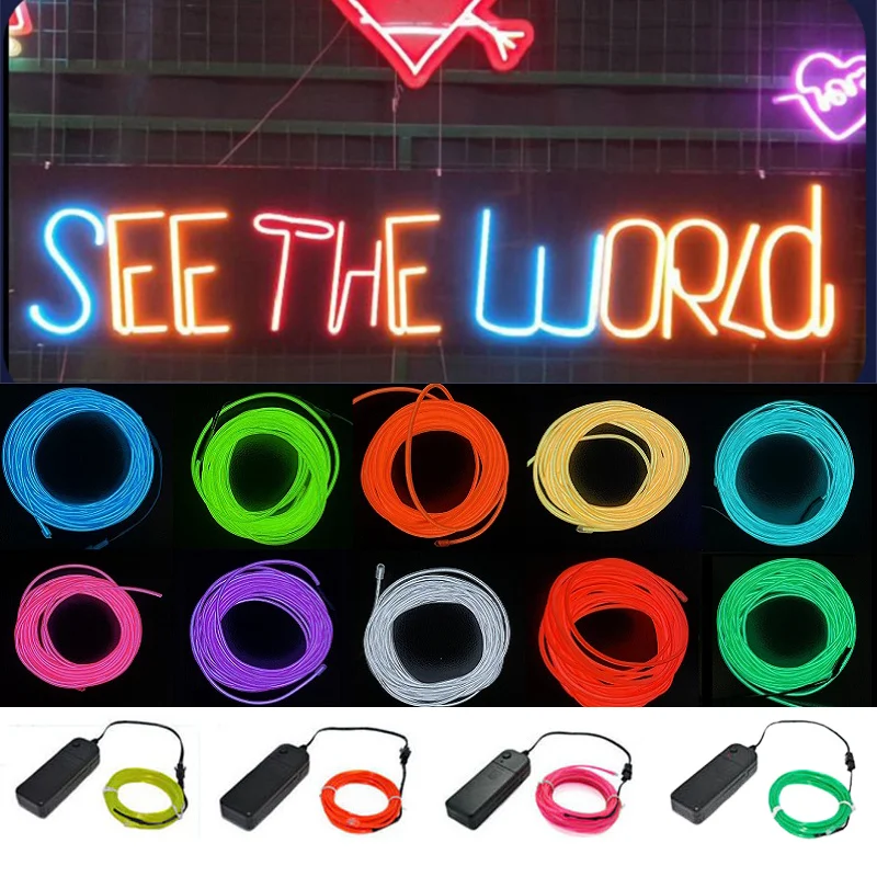 LED EL 와이어 라이트 스트립 배터리 네온 발광 스트링 조명, DIY 로프 튜브, 할로윈 블랙라이트, 여러 가지 빛깔의 파티 장식, 10 m, 5 m, 3 m, 1m