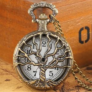 할로우 생명의 나무 모양 쿼츠 포켓 시계, 목걸이 체인 포함, 레트로 청동 우아한 펜던트, 남성 여성 빈티지 시계 선물