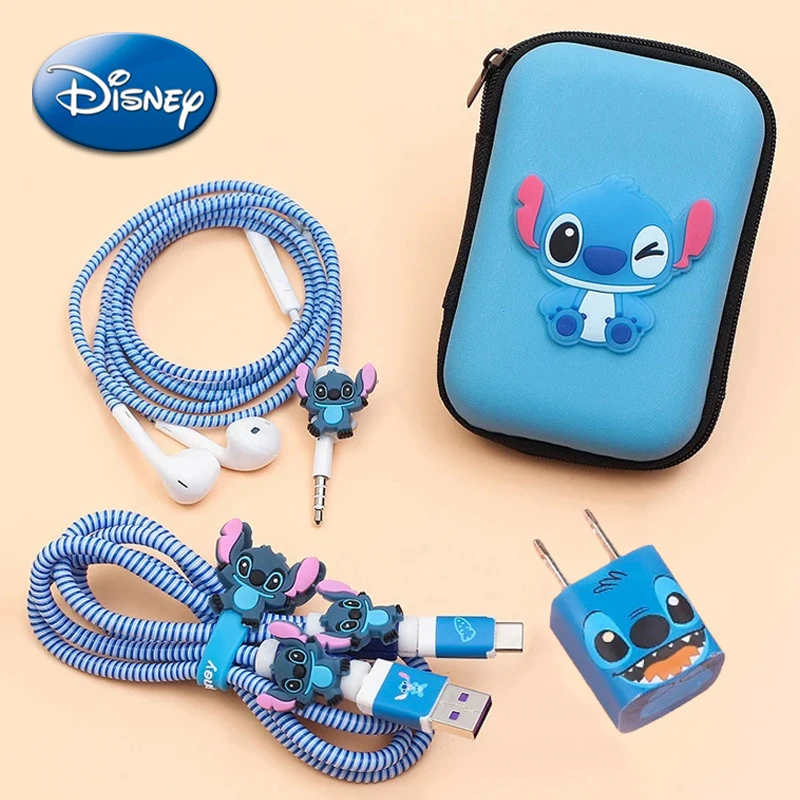 디즈니 스티치 아이폰 충전기 케이블 보호대 케이스 보관 가방 와인더 스티커, 만화 귀여운 데이터 라인 이어폰 보호 커버, 5W