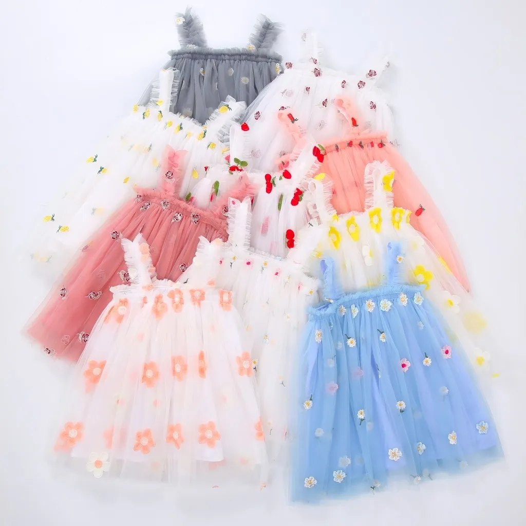 여아용 원피스 패션 멜빵 자수 작은 꽃 달콤한 귀여운 공주 드레스, 생일 선물, 소녀 스커트, 2024 신제품