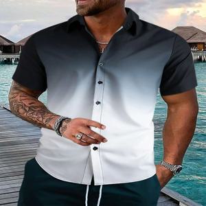 2024 남성용 그라데이션 그래픽 3D 프린트 셔츠, 반팔 상의, 느슨한 캐주얼 하와이안 셔츠, 여름 의류, 스트리트웨어