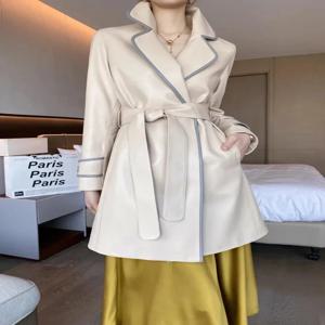 여성용 천연 양가죽 트렌치 코트, 중간 길이 레이스업 가죽 재킷, 2024 트렌드, 대비 색상, 헤밍 디자인