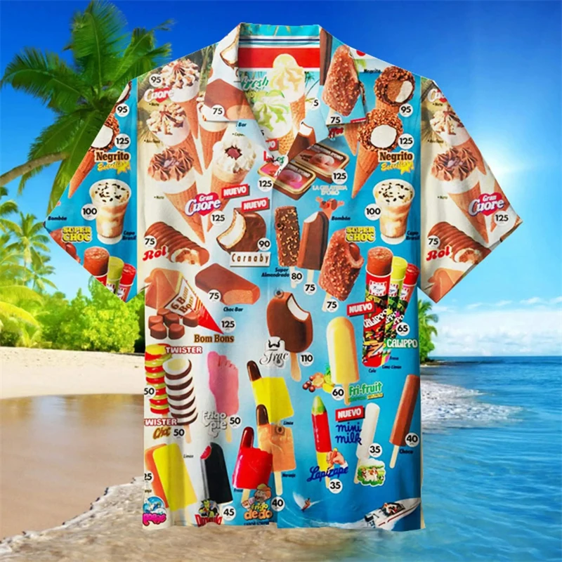 여름 휴가 라펠 카미사 오버사이즈 하와이 셔츠, 3D 프린트 패션, 남녀공용 해변 반팔 블라우스 상의, 아이스크림