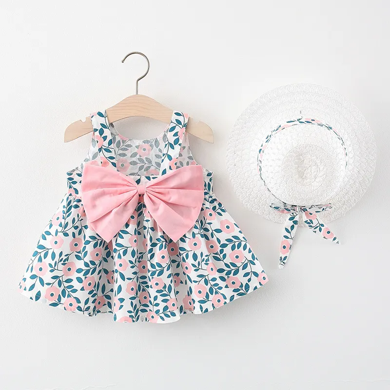 귀여운 리본 공주 드레스 여아용 2 피스 여름 해변 드레스, 민소매 코튼 유아 드레스 + Sunhat 신생아 의류 세트