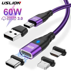 USLION 60W PD 고속 충전기 케이블 USB C to Type C 마이크로 마그네틱 데이터 코드 3A USB 케이블 아이폰 13 맥북 화웨이 삼성 S22