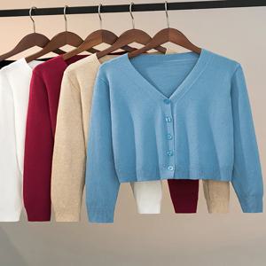 여성용 니트 가디건 단추 재킷, V넥 긴팔 스웨터, 캐주얼 짧은 상의, 그레이 화이트, 2024 가을, 겨울