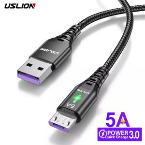 USLION 5A 마이크로 USB 케이블, 고속 충전, 휴대폰 마이크로 USB 와이어 코드, 샤오미 안드로이드용, LED 조명, USB 충전기 데이터 케이블