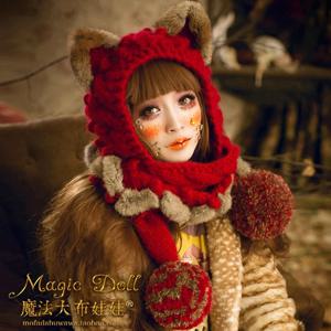 인형 가을 겨울 귀여운 고양이 귀 루비 레드, 귀여운 토끼 머리 플러시 볼 모직 스카프 모자