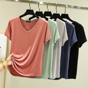 여름 여성 모달 v넥 티셔츠, 얇은 보터밍 티셔츠, 플러스 사이즈 루즈한 티셔츠, 스트리트웨어 기본 상의