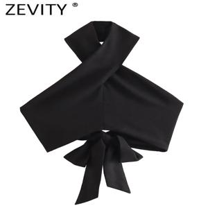 Zevity 여성용 섹시한 민소매 백리스 보우 타이 블랙 홀터 블라우스, 여성용 크로스 스트랩 짧은 셔츠, 시크한 블라우스 크롭 탑, LS4317