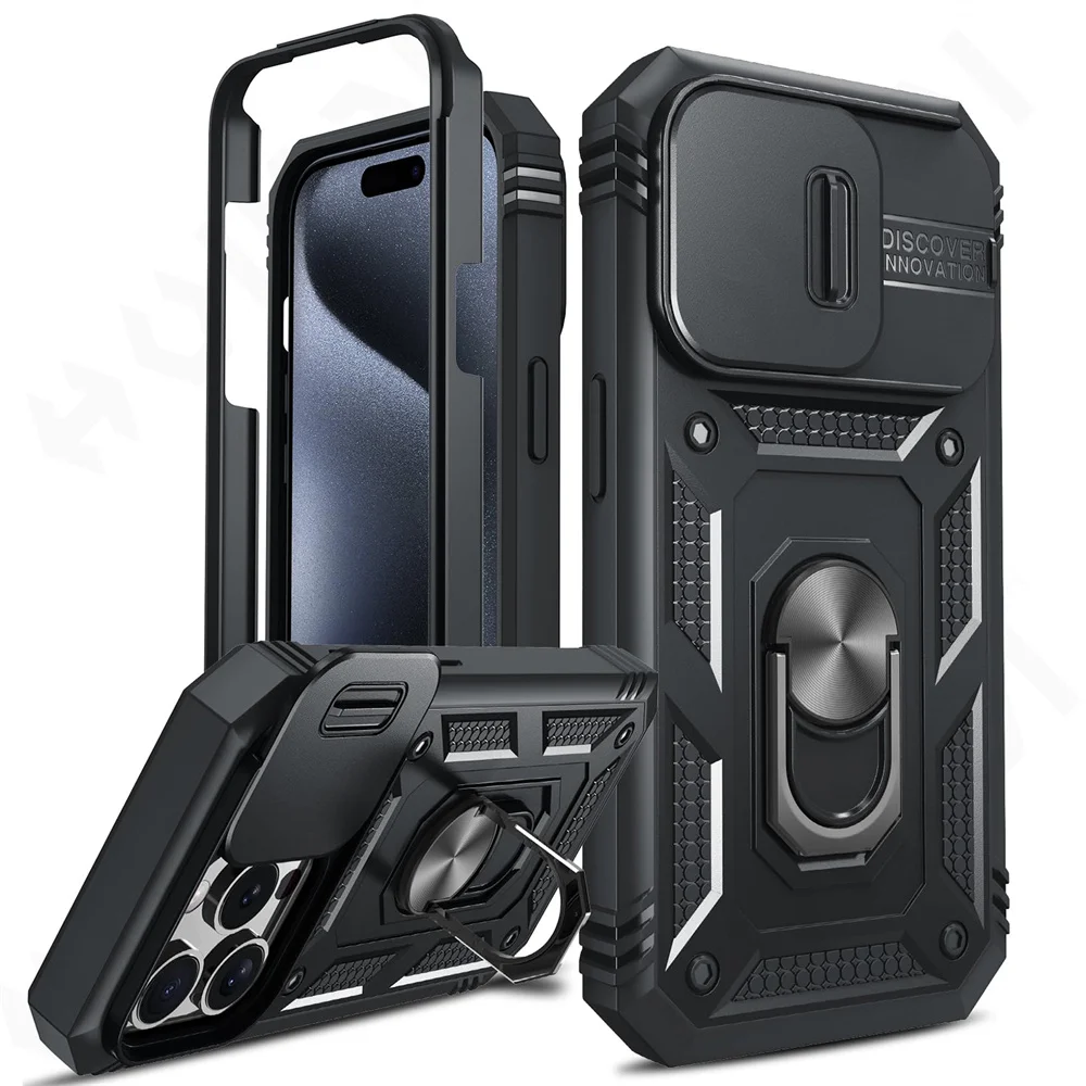 아이폰 15 14 13 12 11 프로 XS 맥스 XR 8 7 플러스 카메라 슬라이드 케이스, 밀리터리 등급 갑옷 보호, 360 도 회전 갑옷 커버