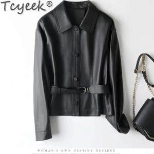 여성용 진짜 Tcyek 양가죽 코트, 슬림 블랙 천연 가죽 재킷, 2024 용수철 가을 오토바이 재킷 벨트