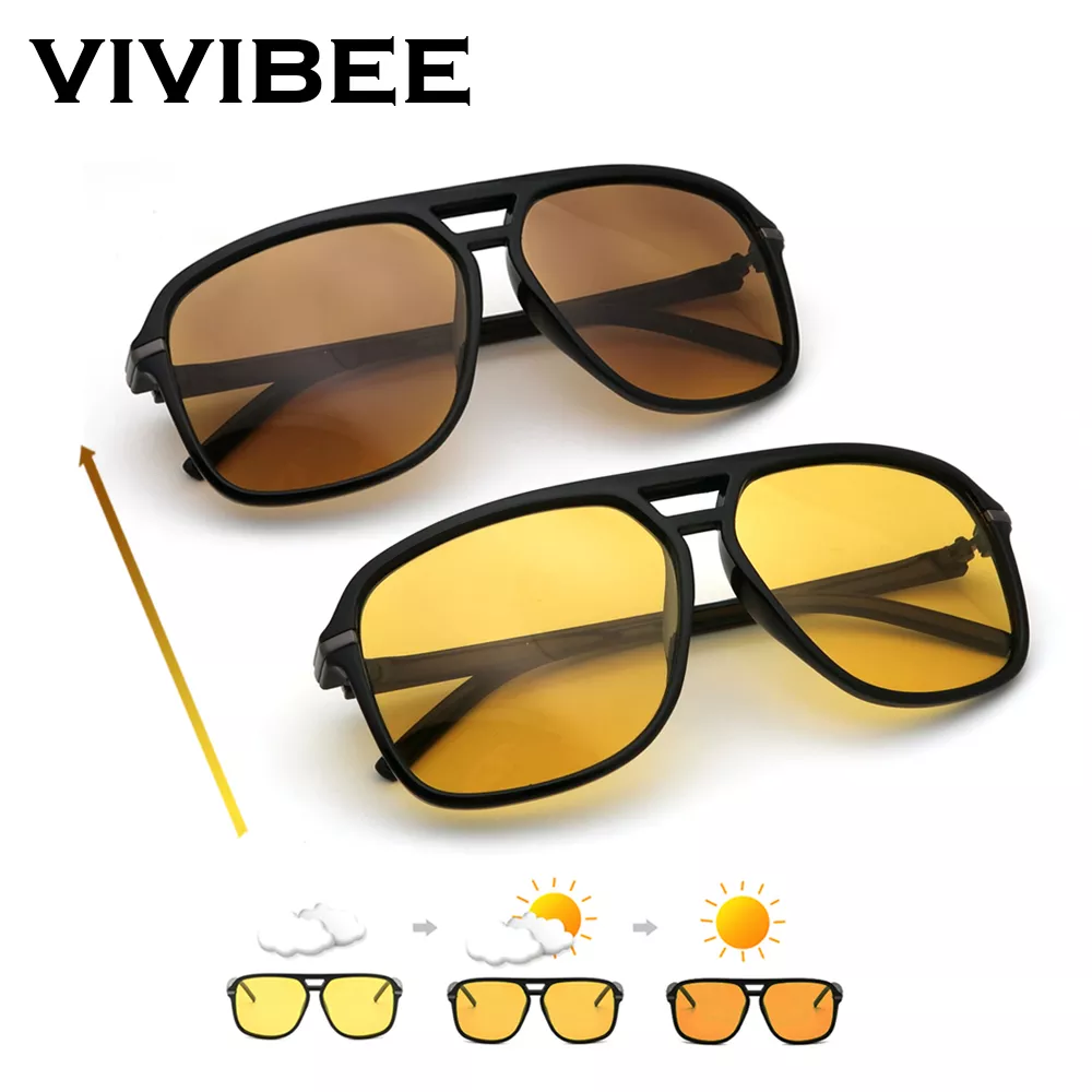 VIVIBEE 남성용 포토크로믹 나이트 비전 선글라스, 색상 변경 전환 2024, 노란색 큰 선글라스, 대형 편광 고글