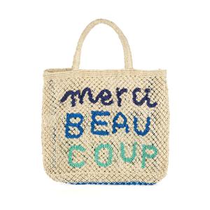 'Merci Beau Coup' Large Bag - Natural and blue multi