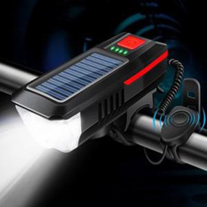 Fowod 자전거라이트 전조등 태양광충전 USB 충전식 전조등 전자벨 겸용, 레드, 2개