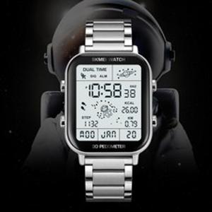 SKMEI 1888 스포츠 전자 시계 비즈니스 패션 남성용 손목시계 LED 디지털방수 시계+시계줄 조절기+한국어 설명서, 실버