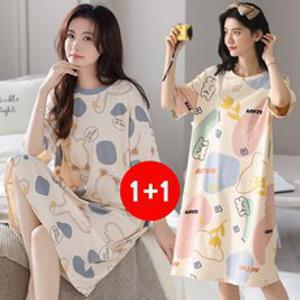 마쿠쿠 1+1 세트 오리 곰돌이 면 혼방 여성 잠옷 홈웨어 원피스 반팔 롱 티셔츠