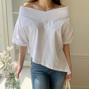 H스타일(BM)V넥오프숄더언발크롭티 봄 여름 여성 반팔 티셔츠 라운드 브이넥 박스핏 루즈핏 데일리