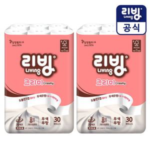 리빙크리미 화장지 3겹 30롤x2팩/무포름,휴지,화장실휴지,두루마리화장지