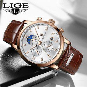 남자 손목시계 LIGE 디자인 남성용 시계 가죽 문페이즈 쿼츠 최고 럭셔리 캐주얼 방수