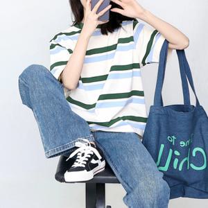 루즈핏 배색 스트라이프 반팔 숏 슬리브 여성면티 라운드티 반팔티 숏슬리브 여름
