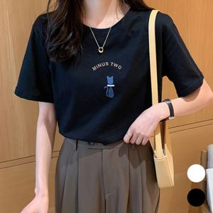 여성 라운드넥 냥이 반팔 티셔츠 오버핏 박스핏 여름 빅사이즈 반팔티 무지 여자 기본