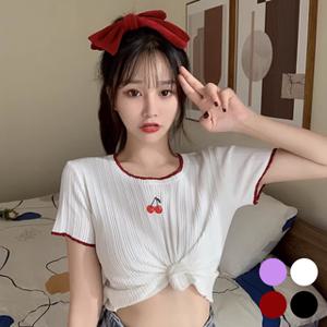체리 자수 반크롭 티셔츠티 여름 반팔 빅사이즈 반팔티 여성 무지 여자 기본