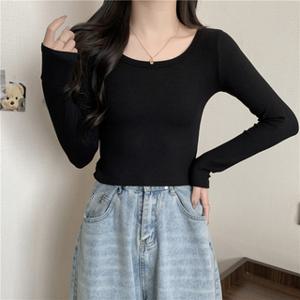 세미 크롭 U넥 긴팔 이너 티셔츠 여성 크롭티 면티 이너티 운동복 트레이닝복 피서룩