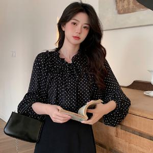 나그랑 도트 프릴 블라우스 땡땡이 캐주얼 루즈핏 쉬폰 리본