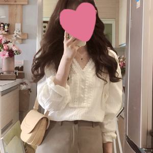 미즈 청순 브이넥 레이스 블라우스 여성 긴팔 여름 가을 바캉스룩