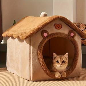 1pc 고양이용 펫 침대 하우스, 분리 가능하고 세탁 가능한 고양이 하우스, 겨울 따뜻한 고양이 침대 부드럽고 편안한 강아지 동굴 둥지