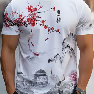 남성을 위한 중국 스타일의 매화무늬 프린트 크루 넥 반팔 티셔츠, 일상적인 착용과 휴가 리조트를 위한 캐주얼 여름 티셔츠