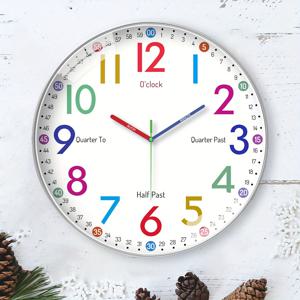 1개의 학습용 벽시계, 시간을 알려주는 디자인 컬러 벽시계, 무소음 시계, 거실, 침실, 방, 학교 사무실 교실 장식에 적합한 시계, 가정 장식, 할로윈, 크리스마스, 추수감사절, 새해 장식
