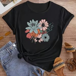꽃무늬 라운드 넥 스포츠 티셔츠, 반팔 러닝 캐주얼 탑, 여성 액티브웨어