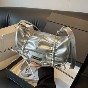 Y2K 스타일의 주름 잡힌 리본 크로스바디 가방, 인조 가죽 숄더백, 여성들을 위한 트렌디한 지퍼 지갑, 스트릿웨어 출퇴근용