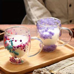 꽃무늬 유리 커피잔 1개, 창의적인 이중벽 고급 보로실리케이트 유리컵, 꽃잎 디자인이 돋보이는 우아한 차잔, 뜨거운 음료와 차가운 음료에 모두 어울리는 독특한 유리제품 컬렉션