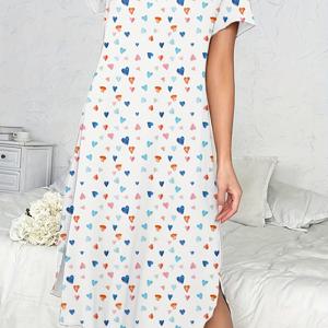여성용 플러스 캐주얼 잠옷, 플러스 사이즈 컬러풀 하트 프린트 반팔 커브 밑단 잠옷