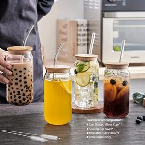 4피스 세트: 21.3온스 고급 보로실리케이트 유리 음료컵, 대나무 뚜껑, 재사용 가능한 빨대 & 청소 브러시 포함 - 보바, 아이스 커피 & 차에 완벽함.