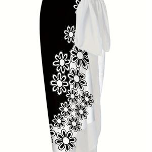 우아한 꽃무늬 사롱 랩 스커트, 흑백 컬러 블록, 세련된 햇빛 차단, 비치웨어, 여름 액세서리, 여성 의류
