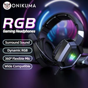 ONIKUMA K8 마이크가 있는 컴퓨터용 웨어러블 게임용 헤드셋 유선 헤드셋-LED 조명이 있는 PS4/PS5/Xbox One/PC용 게임 헤드폰, 소음 감소 기능이 있는 플레이스테이션 헤드셋용 7.1 서라운드 사운드 오버이어 및 유선 3.5mm 잭