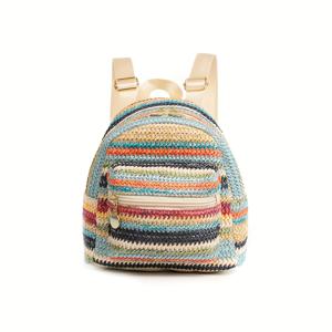 미니 다채로운 짠 배낭 지갑, 줄무늬 밀짚 데이 팩, 여성 여름 해변 및 여행 가방
