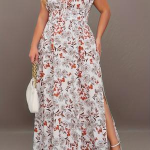 플러스 사이즈 우아한 드레스, 여성용 플러스 꽃 무늬 퍼프 슬리브 타이 프론트 스퀘어 넥 사이드 스플릿 맥시 드레스