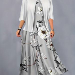 플러스 사이즈 플로럴 프린트 드레스, 캐주얼 2-in-1 크루 넥 드레스, 여성 플러스 사이즈 의류