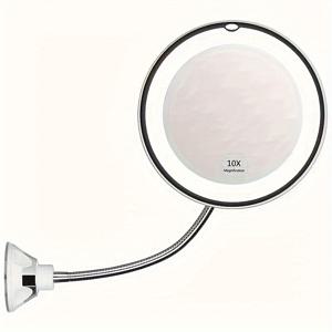 1pc 유연한 10X 확대 흡입 거울, LED 조명 화장 거울, 빛과 360도 회전이 가능한 전원 잠금 흡입 컵, 가정용 욕실용 휴대용 화장 거울(배터리 제외)