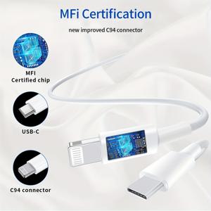 USB C-라이트닝 케이블 [MFi 인증], IPhone 14/14 Pro/14 Pro Max/13/13 Pro/12/12 Pro/11/11 Pro/XR/XS/X/8/8 Plus/와 호환되는 고속 충전 아이패드 화이트